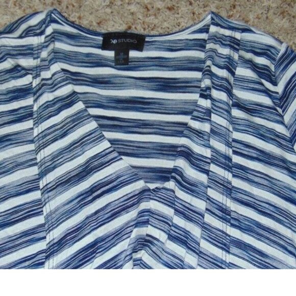 Womens Top AB Studio Blue White Striped Medium Short Sleeve V-Neck Layered Front - Picture 2 of 4